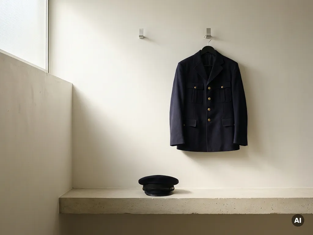 Geperst marineblauw uniform jasje aan stalen haak in transportdepot, chauffeurspet op betonnen plank eronder, zacht daglicht.