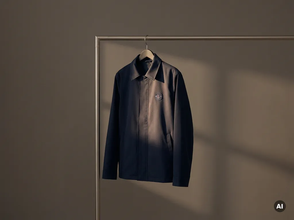 Diep marineblauw transitwerker uniform jasje hangend aan minimalistische metalen rail, met zacht licht op geborduurd borstgebied.