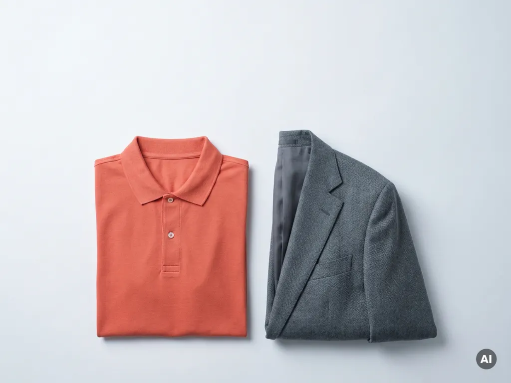 Gevouwen poloshirt in felle kleur naast een zakelijk colbert op wit oppervlak, bovenaanzicht met zachte studiobelichting.