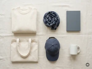 Flatlay van zes premium merchandise-items: sweater, totebag, cap, mok, notitieboek en sjaal op linnen ondergrond in ivoor, grijs en marineblauw.