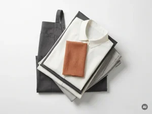 Gevouwen stapel premium retailuniformen in wit en houtskoolgrijs met terracotta stofdoek op wit oppervlak.