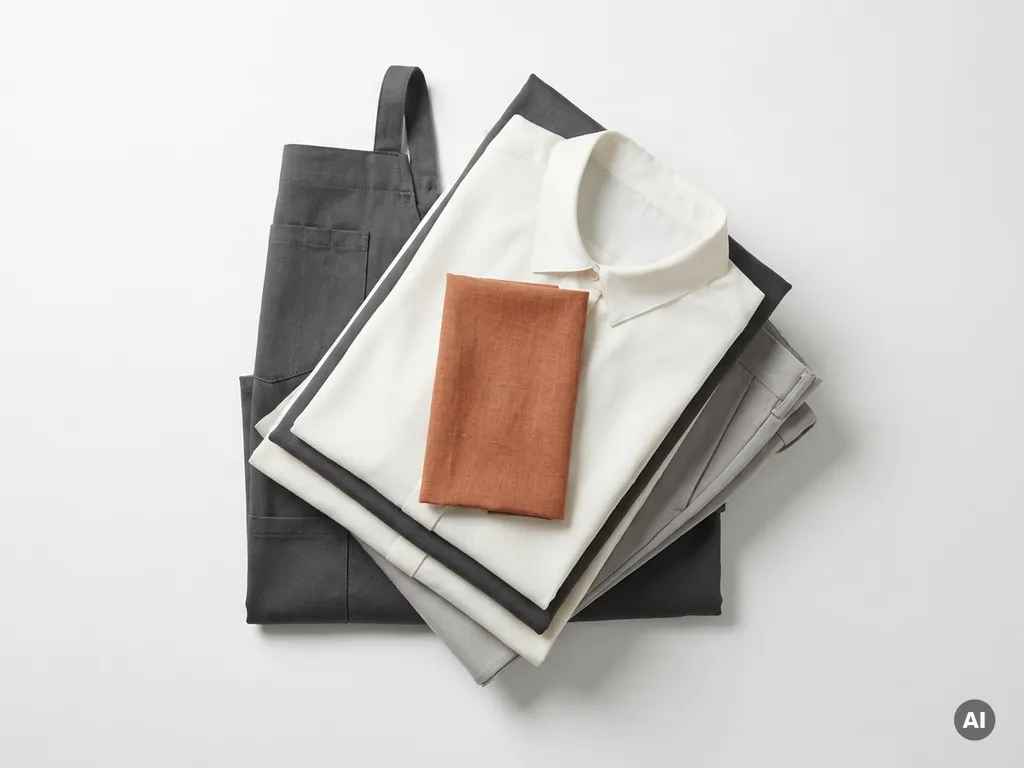 Gevouwen stapel premium retailuniformen in wit en houtskoolgrijs met terracotta stofdoek op wit oppervlak.