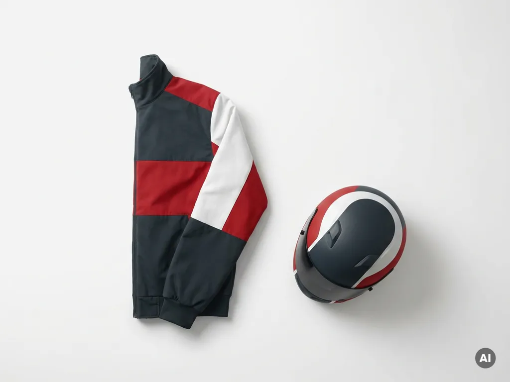 Gevouwen racejack met kleurblokken in antraciet, rood en wit naast een racehelm op witte ondergrond.