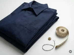 Gevouwen marineblauw transportuniform met geborduurd bedrijfslogo op borstzak, naast messing knoop en vouwmeter op wit oppervlak.