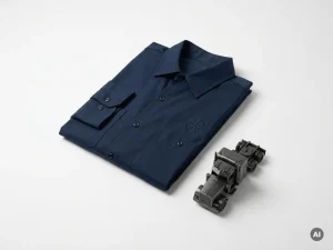 Opgevouwen marineblauw transportmedewerker uniform met geborduurd logo naast een miniatuur vrachtwagen op wit oppervlak.