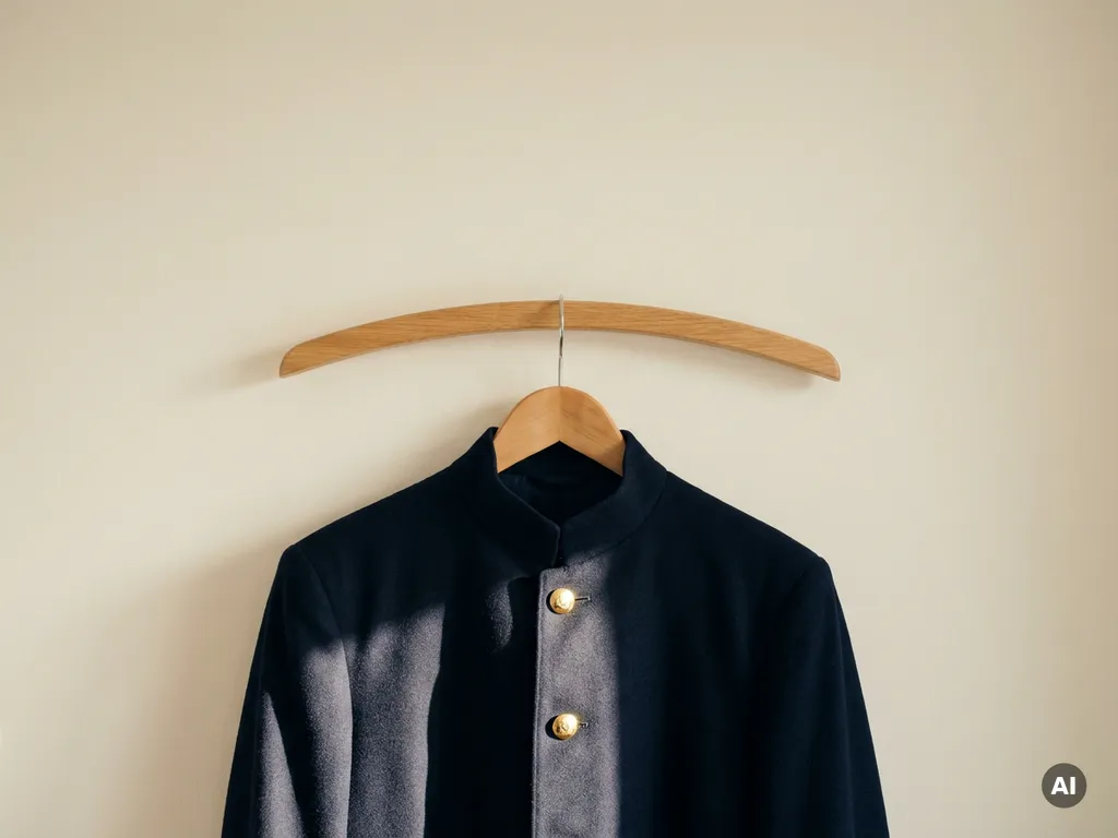 Marineblauw transportuniform jasje op houten hanger tegen ivoren muur, met glanzende messing knoop in warm zijlicht.