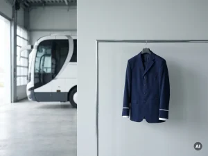 Keurig geperst marineblauw uniform jasje op chromen rail in transportdepot, met wazige bus op de achtergrond.