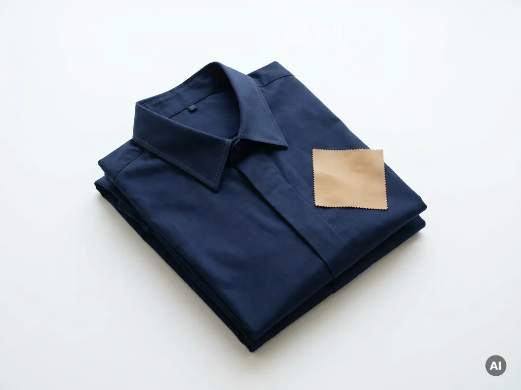 Netjes gevouwen marine-blauwe retailuniform op wit oppervlak met zichtbare stikseldetails aan de kraag en bijpassend stoofstaal.