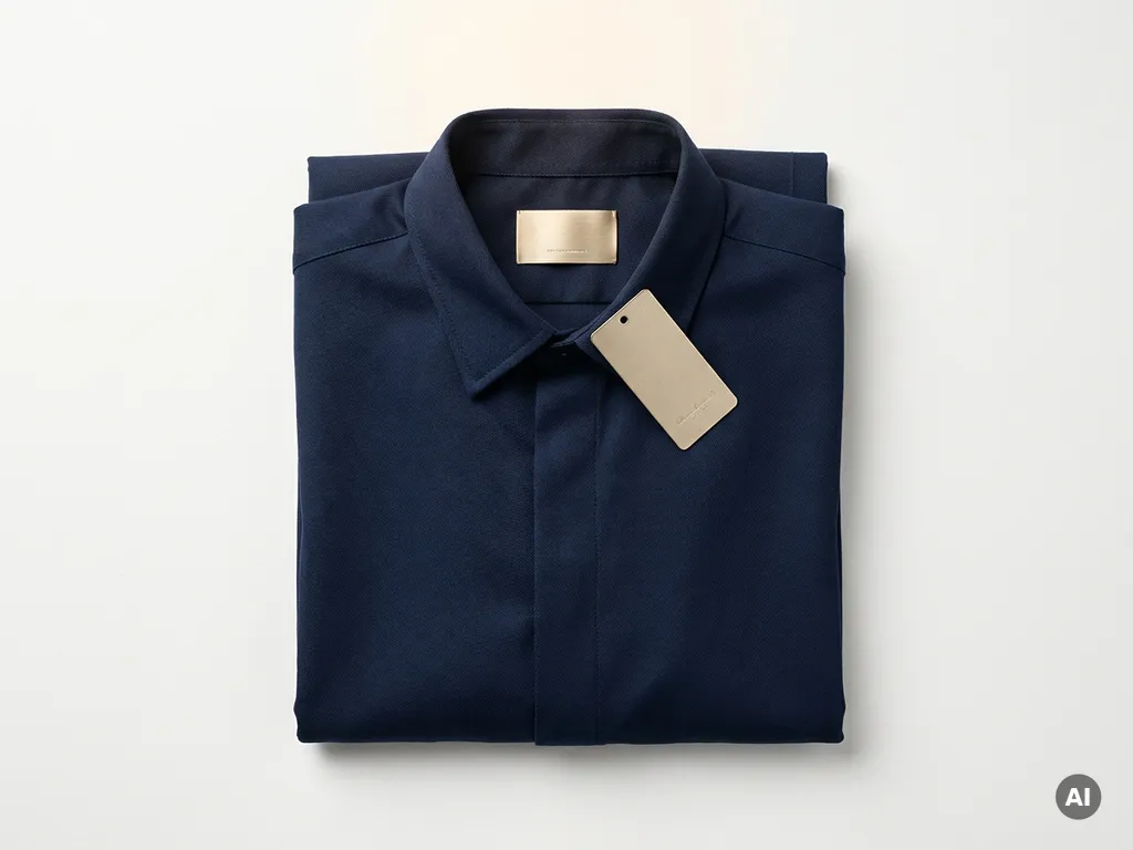Netjes gevouwen marineblauw retailuniform op wit oppervlak met geborsteld metalen kledinglabel in zacht studiolicht.