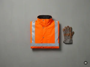Gevouwen oranje veiligheidsjack met reflecterende strepen en werkhandschoen op betonnen ondergrond, bovenaanzicht.