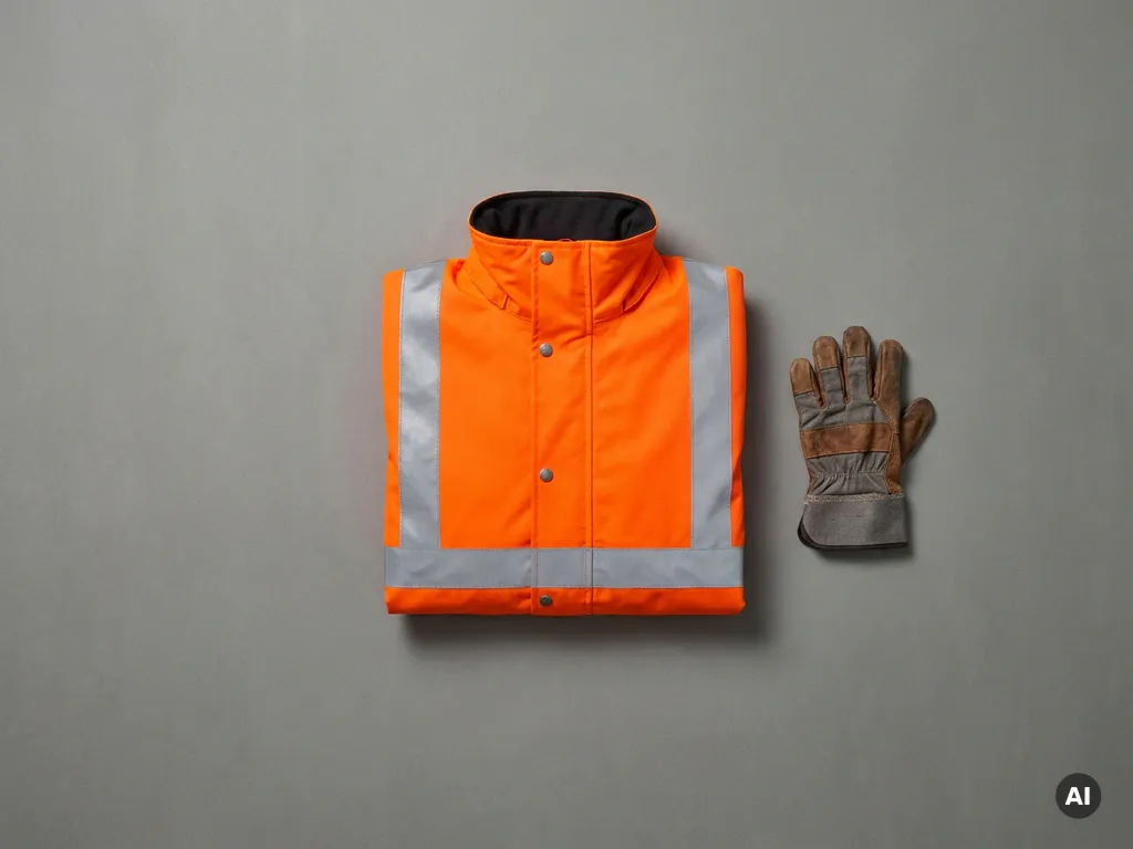 Gevouwen oranje veiligheidsjack met reflecterende strepen en werkhandschoen op betonnen ondergrond, bovenaanzicht.