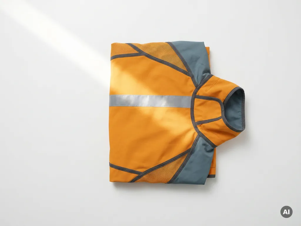 Gevouwen high-visibility bouwjack in veiligheidsambер en grijs, plat neergelegd met zichtbare reflecterende strook en mesh panelen.