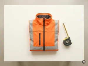 Gevouwen oranje veiligheidsjack naast een opgerolde stalen meetlint op een wit oppervlak, bovenaanzicht.