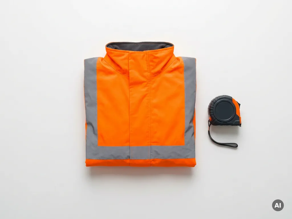 Gevouwen oranje veiligheidsjack naast een opgerolde meetlint op wit oppervlak, minimalistisch bovenaanzicht.
