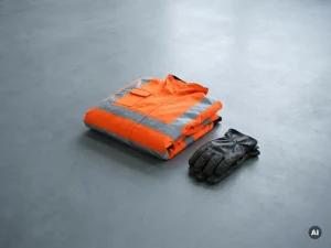 Gevouwen oranje veiligheidsjas met reflecterende strepen naast een versleten werkhandschoen op betonnen ondergrond.