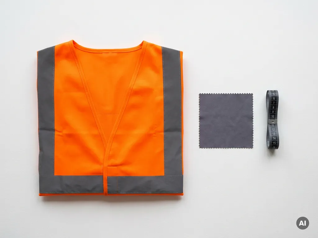 Neatly gevouwen veiligheidsvest in oranje naast een stofstaal en meetlint op wit oppervlak, bovenaanzicht.