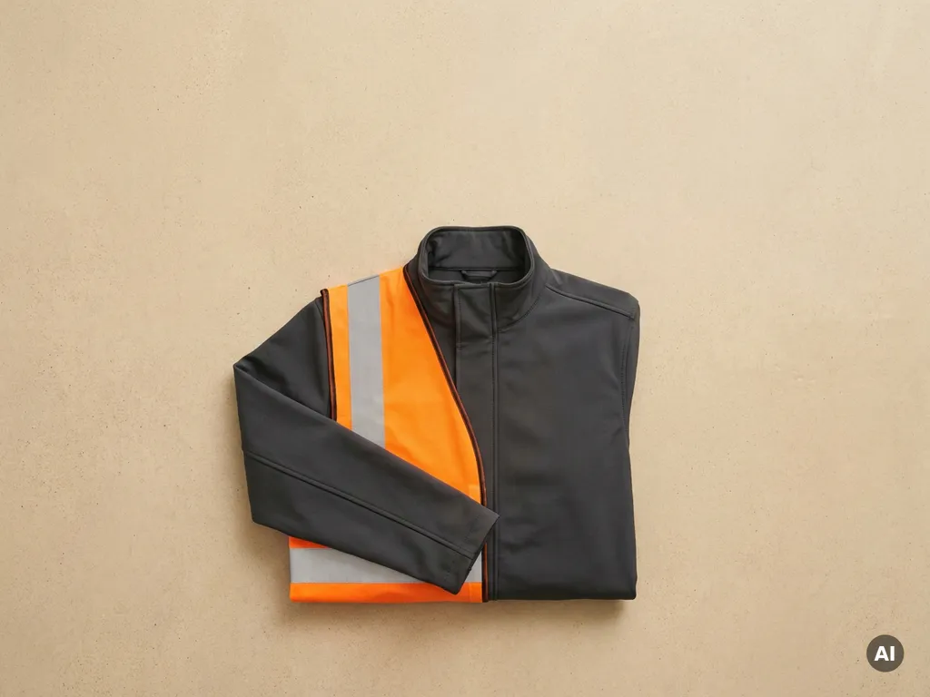 Oranje veiligheidsvest met reflecterende strepen over een gevouwen zakelijk jasje op betonnen ondergrond, bovenaanzicht.