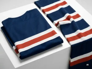 Gevouwen voetbalshirt in marineblauw, wit en rood met bijpassende sjaal op wit oppervlak, studiobelichting benadrukt stoftextuur.