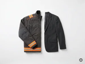 Zwaar GWW-werkjack met oranje reflecterende bies naast een antracietgrijs zakelijk colbert, bovenaanzicht op witte achtergrond.