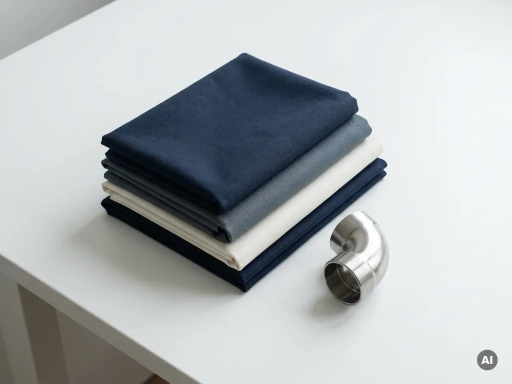 Gevouwen technische werkkleding in navy, grijs en wit met ripstop- en stretchweefsel, naast een stalen buiskoppeling op wit oppervlak.