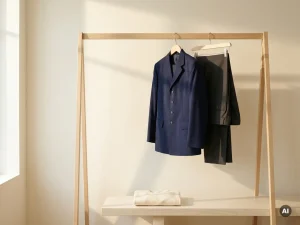 Geperst retailuniform in marineblauw en antraciet hangend aan een houten kapstok tegen een ivoorwitte muur.