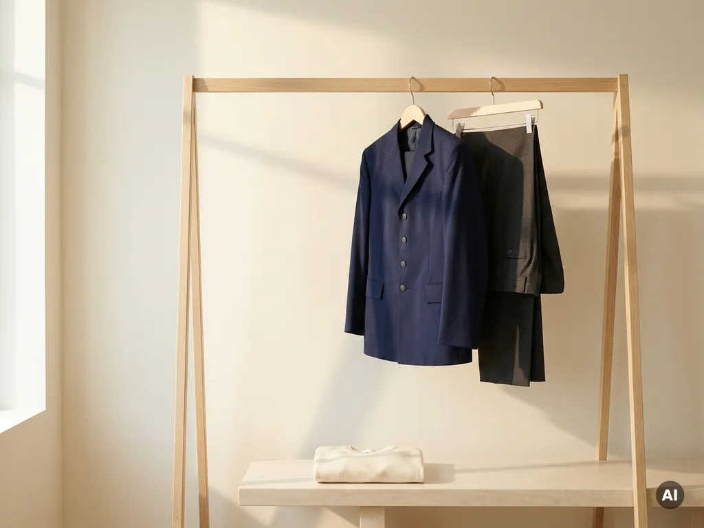 Geperst retailuniform in marineblauw en antraciet hangend aan een houten kapstok tegen een ivoorwitte muur.