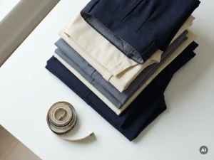 Netjes gevouwen retailuniformen in ivoor, grijs en marineblauw op wit oppervlak, met een meetlint ernaast.