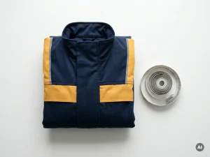 Gevouwen hoogzichtbaarheidsjas in marineblauw en amber geel naast een opgerolde kleermakersmeetlint op witte achtergrond.
