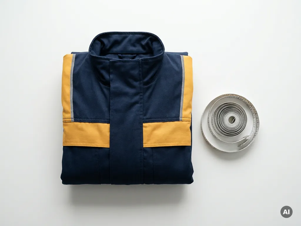 Gevouwen hoogzichtbaarheidsjas in marineblauw en amber geel naast een opgerolde kleermakersmeetlint op witte achtergrond.
