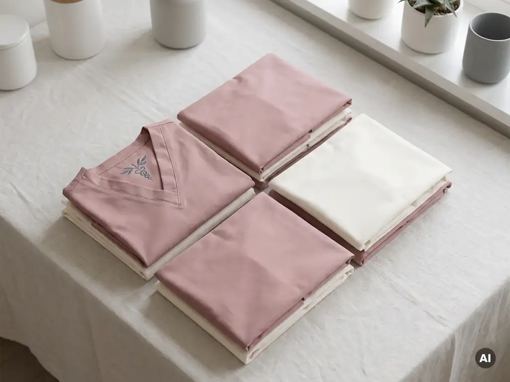 Netjes gevouwen zorgkleding in stoffig roze en warmwit, plat neergelegd op linnen ondergrond met subtiel geborduurd logo op kraag.