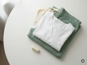 Netjes gevouwen zorgkleding in wit en saliegroen op een wit oppervlak, met een klein spoeltje draad ernaast.