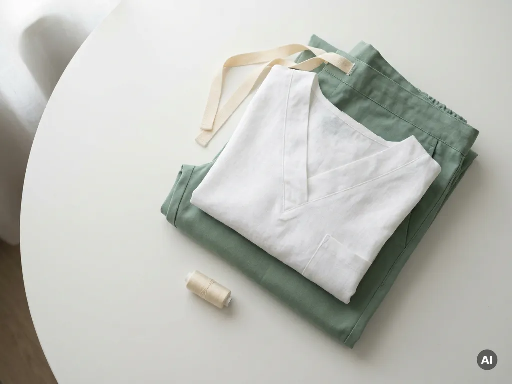 Netjes gevouwen zorgkleding in wit en saliegroen op een wit oppervlak, met een klein spoeltje draad ernaast.