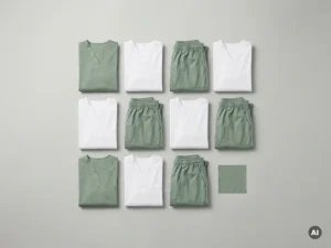 Netjes gevouwen zorgkleding in saliegroen en wit, symmetrisch gerangschikt op een lichtgrijs oppervlak met een stoffentaal ernaast.