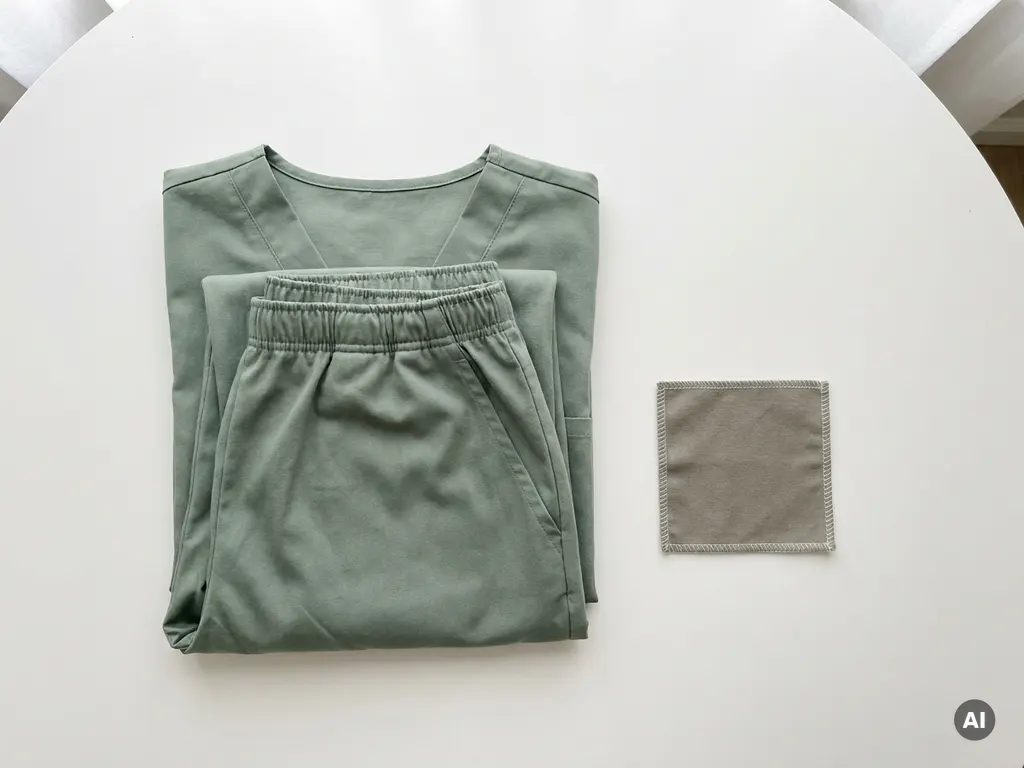 Gevouwen sage groene zorgkleding op wit oppervlak naast een klein stofdeel met stiksels, overhead flatlay.
