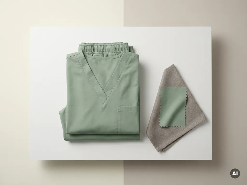 Netjes gevouwen zorgpijama's in salie groen op wit oppervlak, met een bijpassend stoffen staal ernaast.