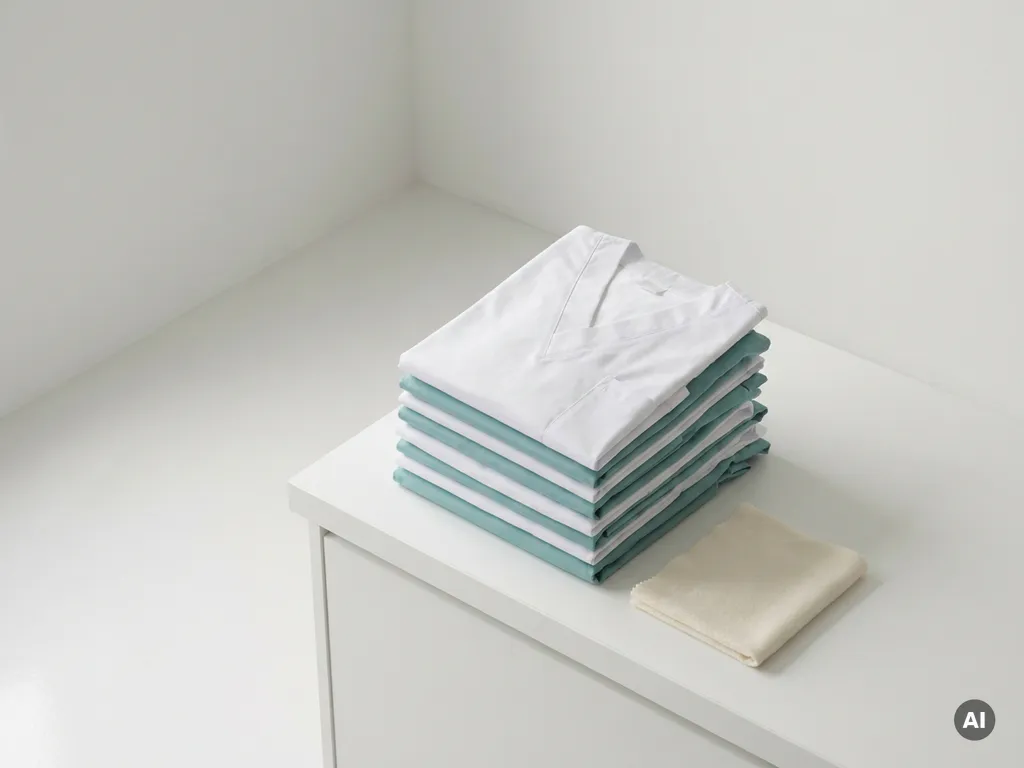 Gevouwen witte en groenblauw zorgkleding gestapeld op wit oppervlak met een losliggend stoffen staal, bovenaanzicht.