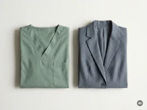 Opgevouwen zorgpijama in saliegroen naast een zakelijk blazer in leisteengrijs op wit oppervlak, strakke flatlay compositie.