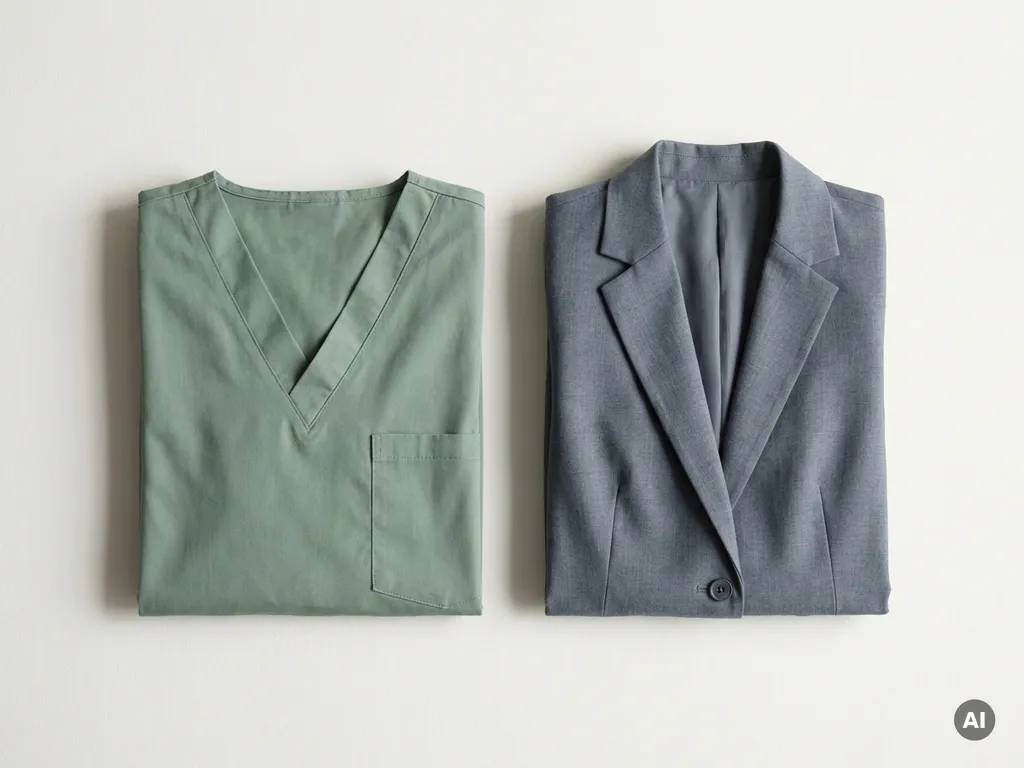 Opgevouwen zorgpijama in saliegroen naast een zakelijk blazer in leisteengrijs op wit oppervlak, strakke flatlay compositie.