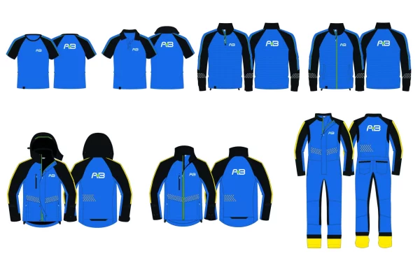 Collectieoverzicht van AB Texel met jassen, shirts en overall in huisstijlkleuren