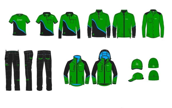 Collectieoverzicht van KPN met groene shirts, jassen en broeken