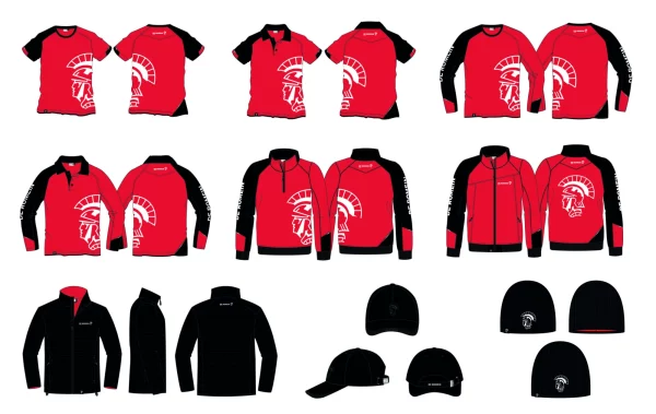 Collectieoverzicht van De Romein met rode jassen, shirts en mutsen
