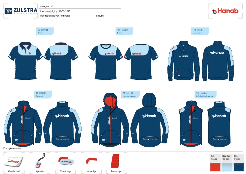 Collectieoverzicht van Hanab met polo, T-shirt, sweater, jassen en bodywarmer