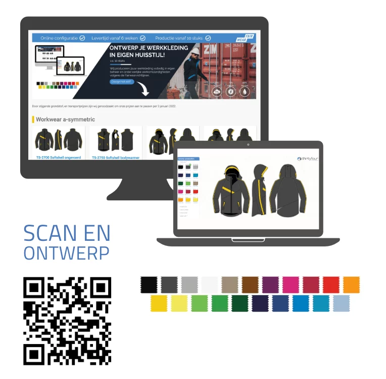 De Thirtyfour-configurator op laptop en scherm, met kleurstalen